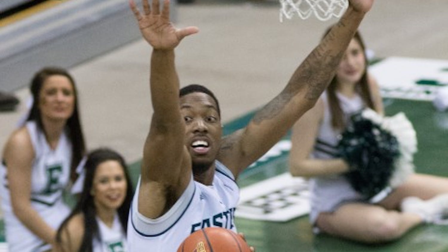 Eastern Michigan center Da'Shonte Riley (10) goes up for the block in the Eagles 65-44 win over Toledo Saturday afternoon.