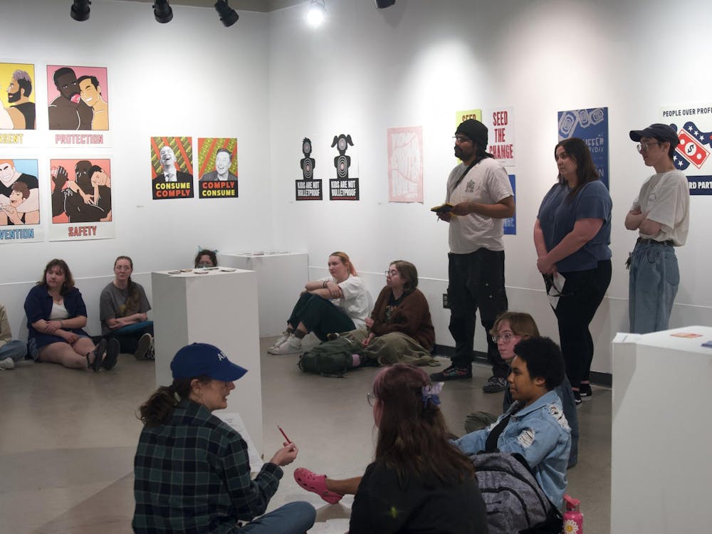Members of the Intermedia Gallery Group gather to discuss ideas and plans for Eastern's art exhibitions. Photo taken April 18, 2024, at the EMU Student Center in Ypsilanti, MI.