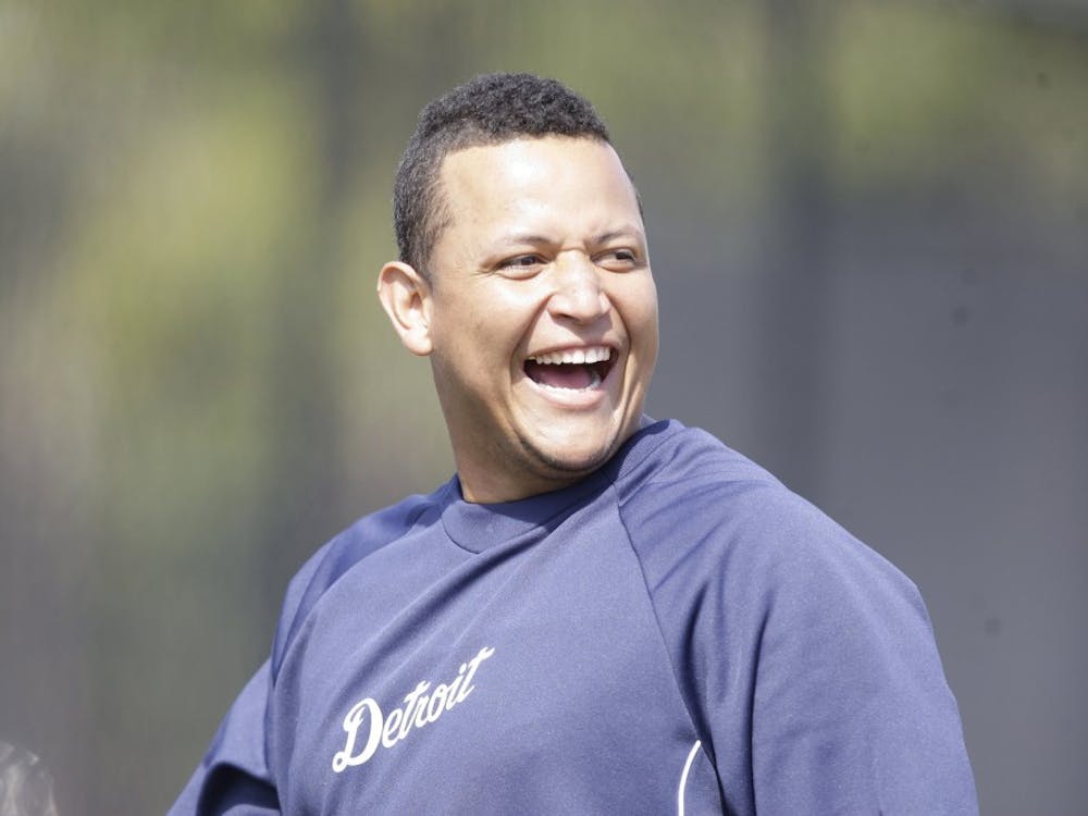 The Detroit Tigers' Miguel Cabrera, having a laugh during Spring Training on February 24, 2012, is the American League's first Triple Crown winner in 45 years and he captured the league's MVP trophy on Thursday, November 15, 2012. (Julian H. Gonzalez/Detroit Free Press/MCT)