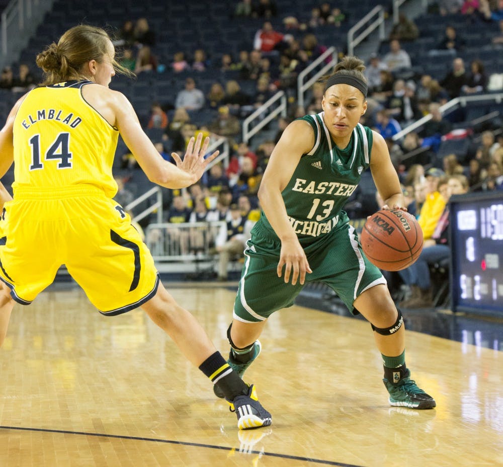 EMU guard Janay Morton (13) led the team, off the bench, with 21 points in Eastern Michigan's 89-75 loss to Michigan Wednesday night in Ann Arbor.