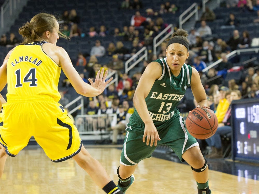 EMU guard Janay Morton (13) led the team, off the bench, with 21 points in Eastern Michigan's 89-75 loss to Michigan Wednesday night in Ann Arbor.