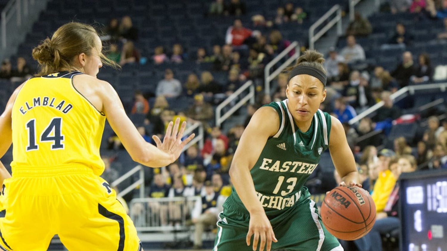 EMU guard Janay Morton (13) led the team, off the bench, with 21 points in Eastern Michigan's 89-75 loss to Michigan Wednesday night in Ann Arbor.