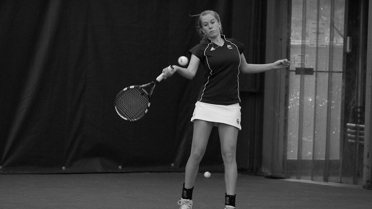 The Eagles’ singles players won six of the last seven games in the match Saturday. Sophomore Miram Westerink shown here in 2009, won over Rachel McGowan 6-2,6-2.