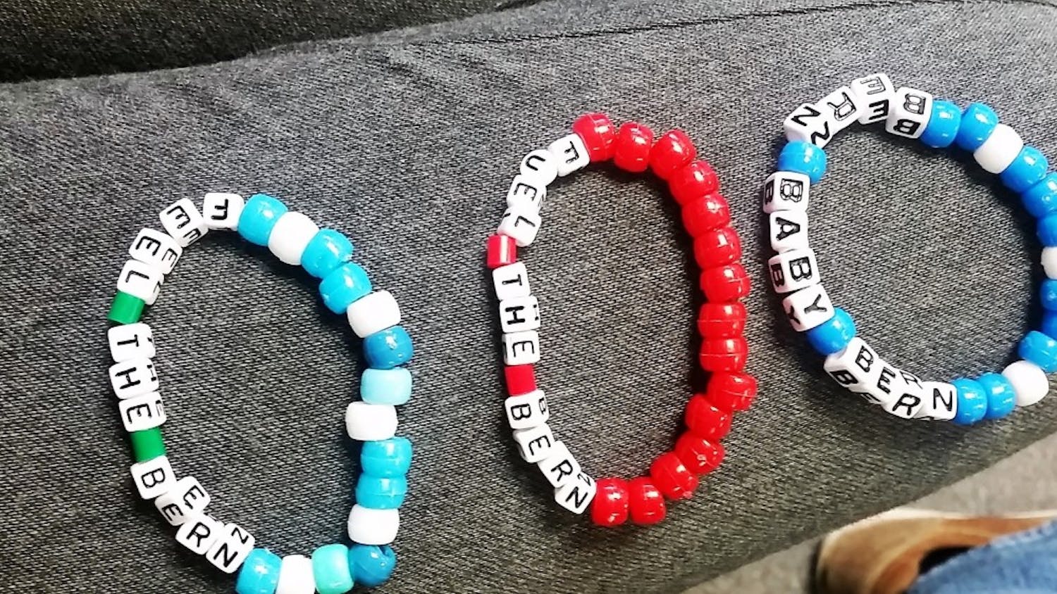 Bracelets made by Pittsfield Township citizen Chris Russo that she handed out to Bernie Sanders supporters. 