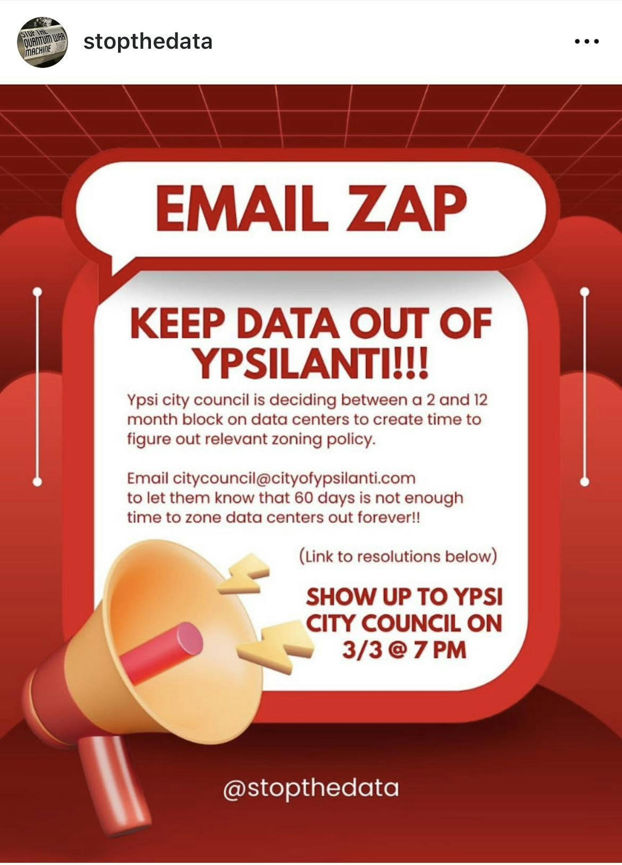 Screenshot of social media post in red and white. Text at the top of the post reads, "KEEP DATA OUT OF YPSILANTI!!!" in all capital letters.