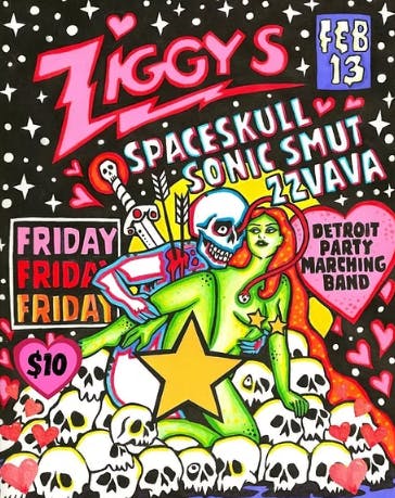 A skeleton holds a green woman, surrounded by pink hearts and white sparkles. The skeleton has a sword and arrows in its shoulder and is bleeding.