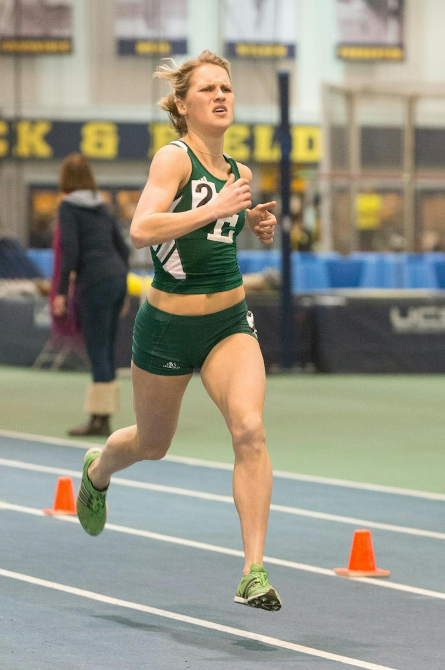 Eastern Michigan distance runner Victoria Voronko sprinting into the finish during the 3000m run on 18 January at the Simmons-Harvey Invitational in Ann Arbor.  She finished second with a time of 9:27.76.