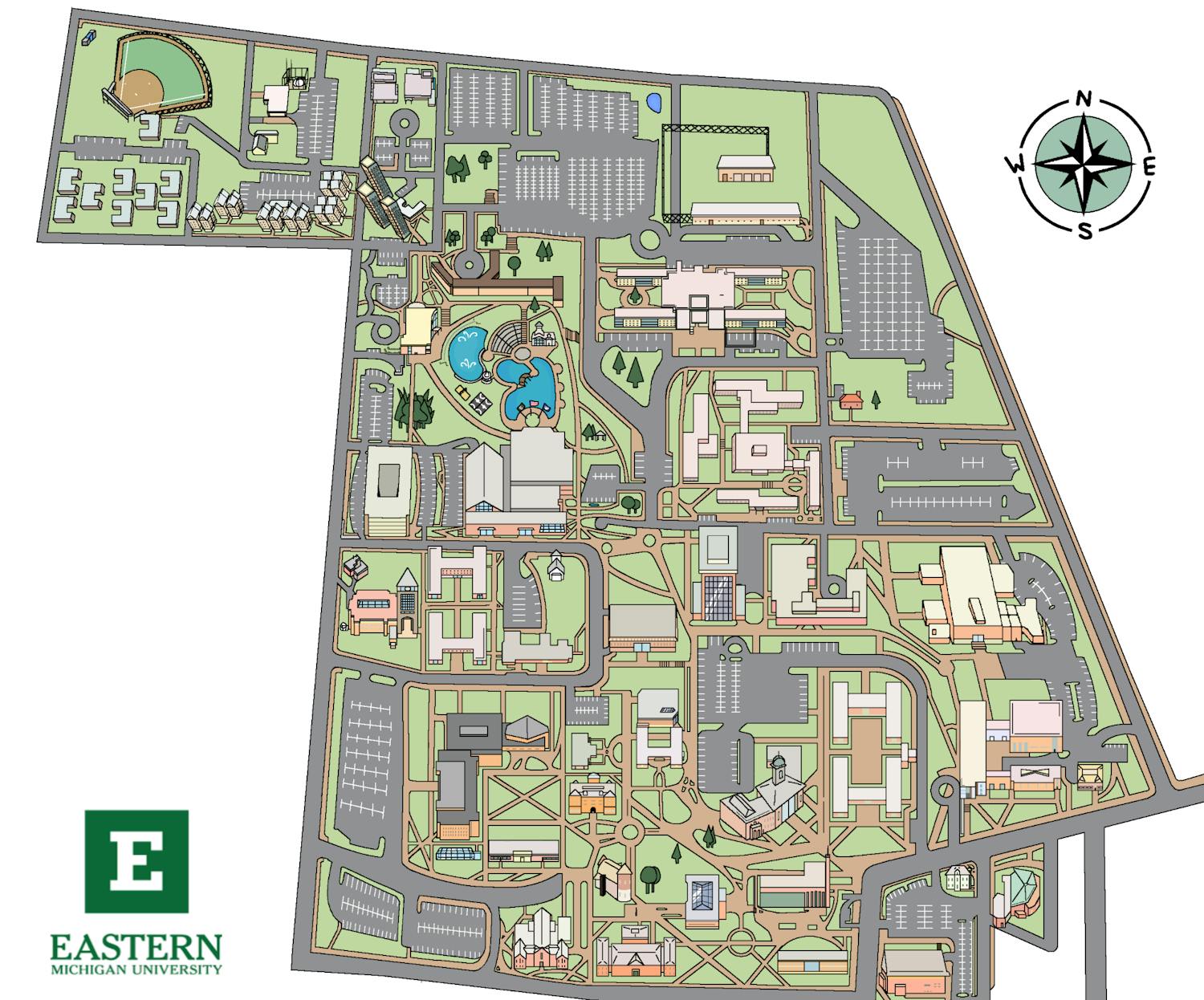 This color map shows the structures and parking and natural areas of Eastern Michigan University's campus in Ypsilanti, Michigan.