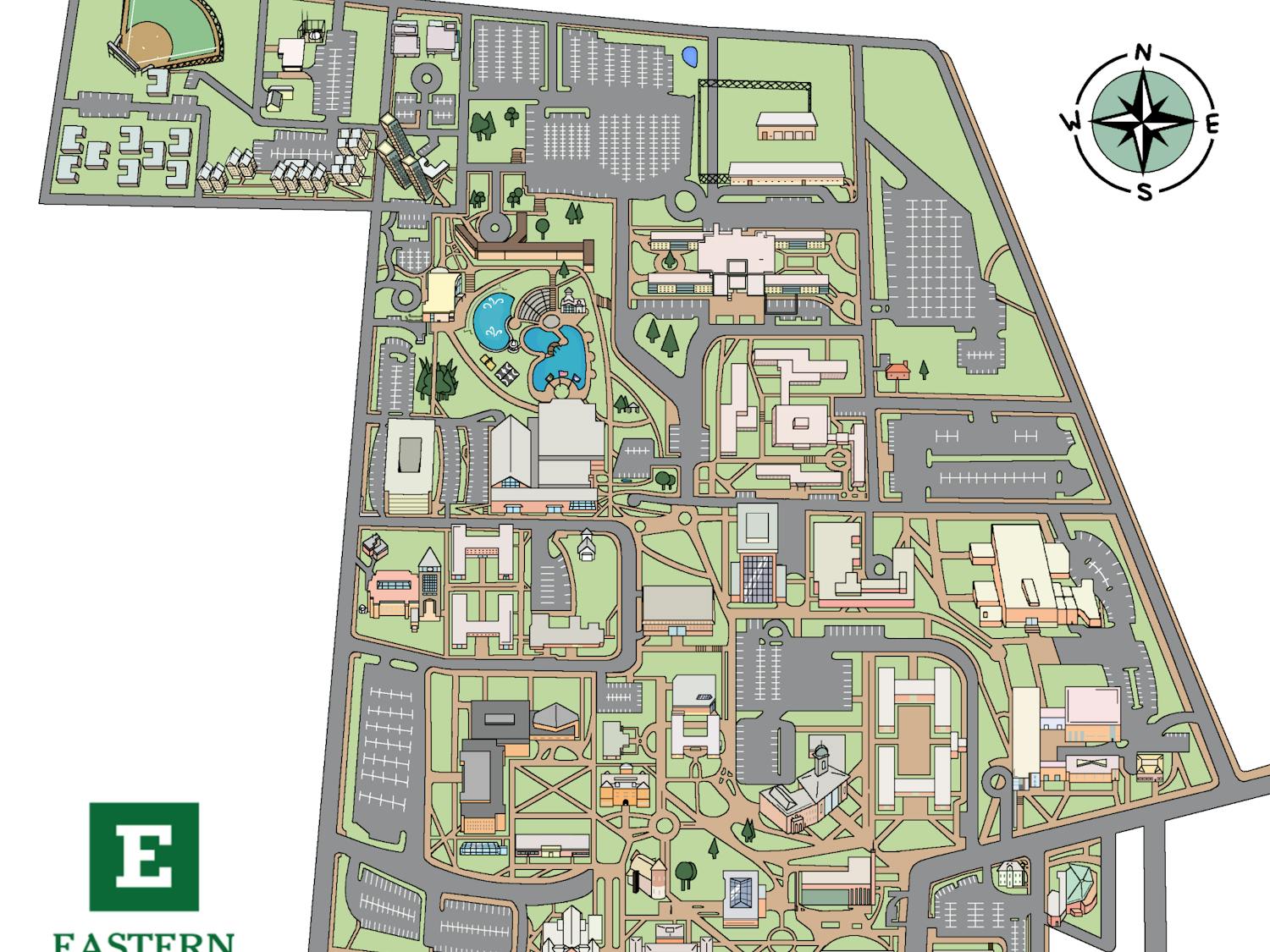This color map shows the structures and parking and natural areas of Eastern Michigan University's campus in Ypsilanti, Michigan.