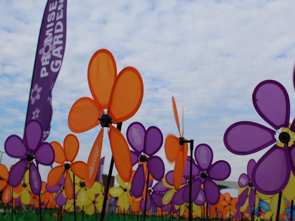 The Promise Garden from the 2019 Washtenaw Walk to End Alzheimer’s in which the different colors of the flowers represent the walk participants&#x27; connection to the disease and their reasons to end it. (Photo Courtesy of Halle Prynn) 