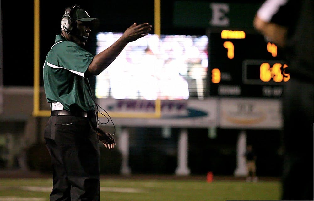 Ron English calls his team in during the fourth quarter of the EMU vs. Army game, September 5th, 2009.