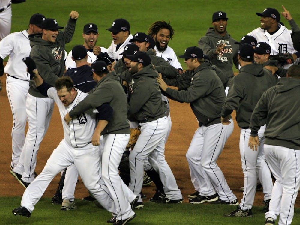 The Detroit Tigers celebrate an 8-1 victory over the New York Yankees in Game 4 of the American League Championship Series at Comerica Park in Detroit, Michigan, Thursday, October 18, 2012. The Tigers advanced to the 2012 World Series. (Mandi Wright/Detroit Free Press/MCT)