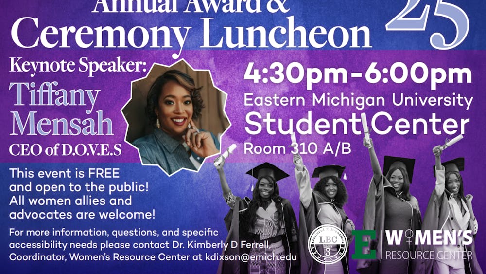 Graphic flyer for Women of Excellence Award Ceremony stating the event's place and time, and that it is open and free to the public.