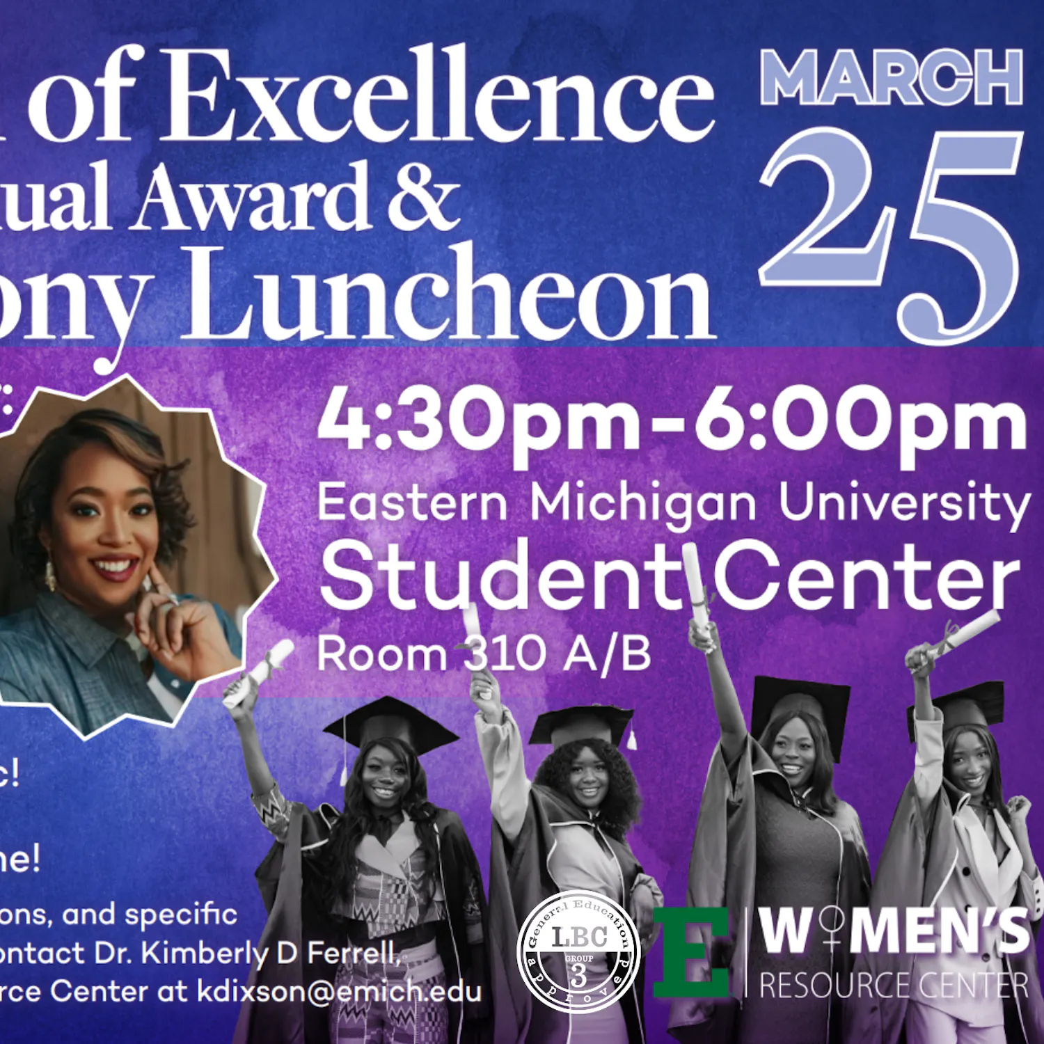 Graphic flyer for Women of Excellence Award Ceremony stating the event's place and time, and that it is open and free to the public.