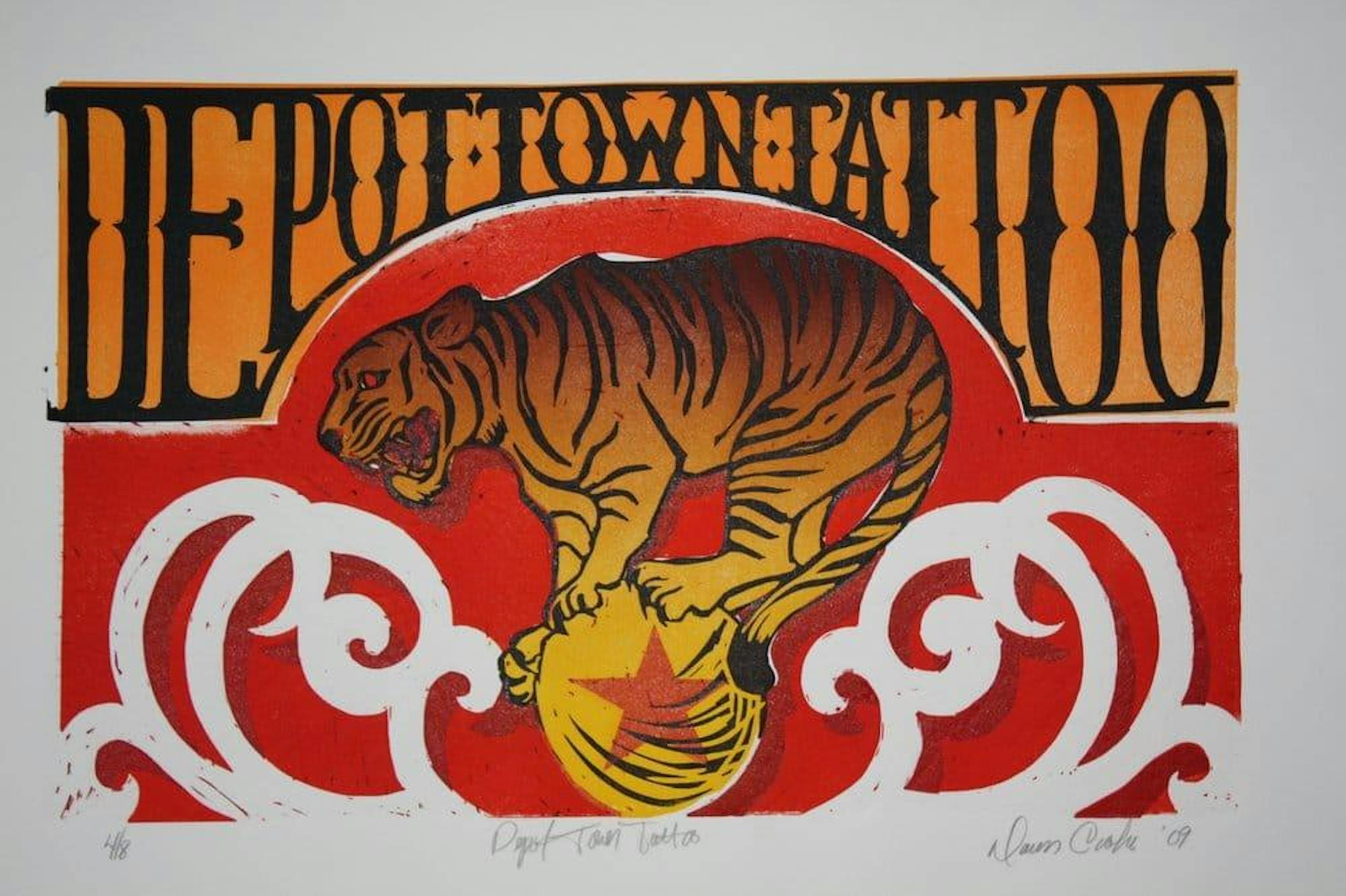 Old, 1800s circus-style logo of a tiger balancing all 4 feet on a ball.