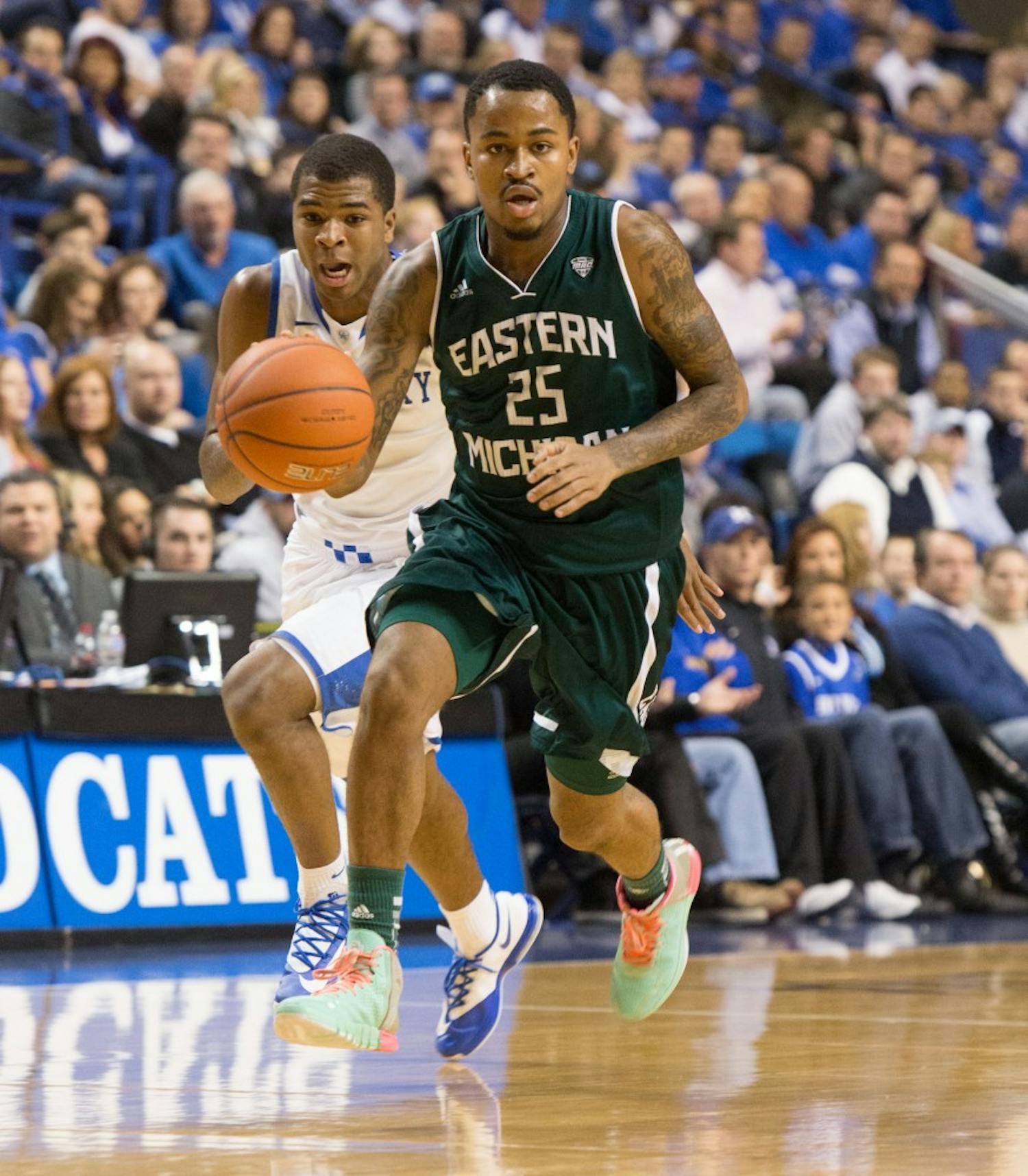 EMU guard Darell Combs (25) led the way with a career high 23 points in Eastern Michigan's 81-63 loss to Kentucky Wednesday afternoon in Lexington, Kentucky.