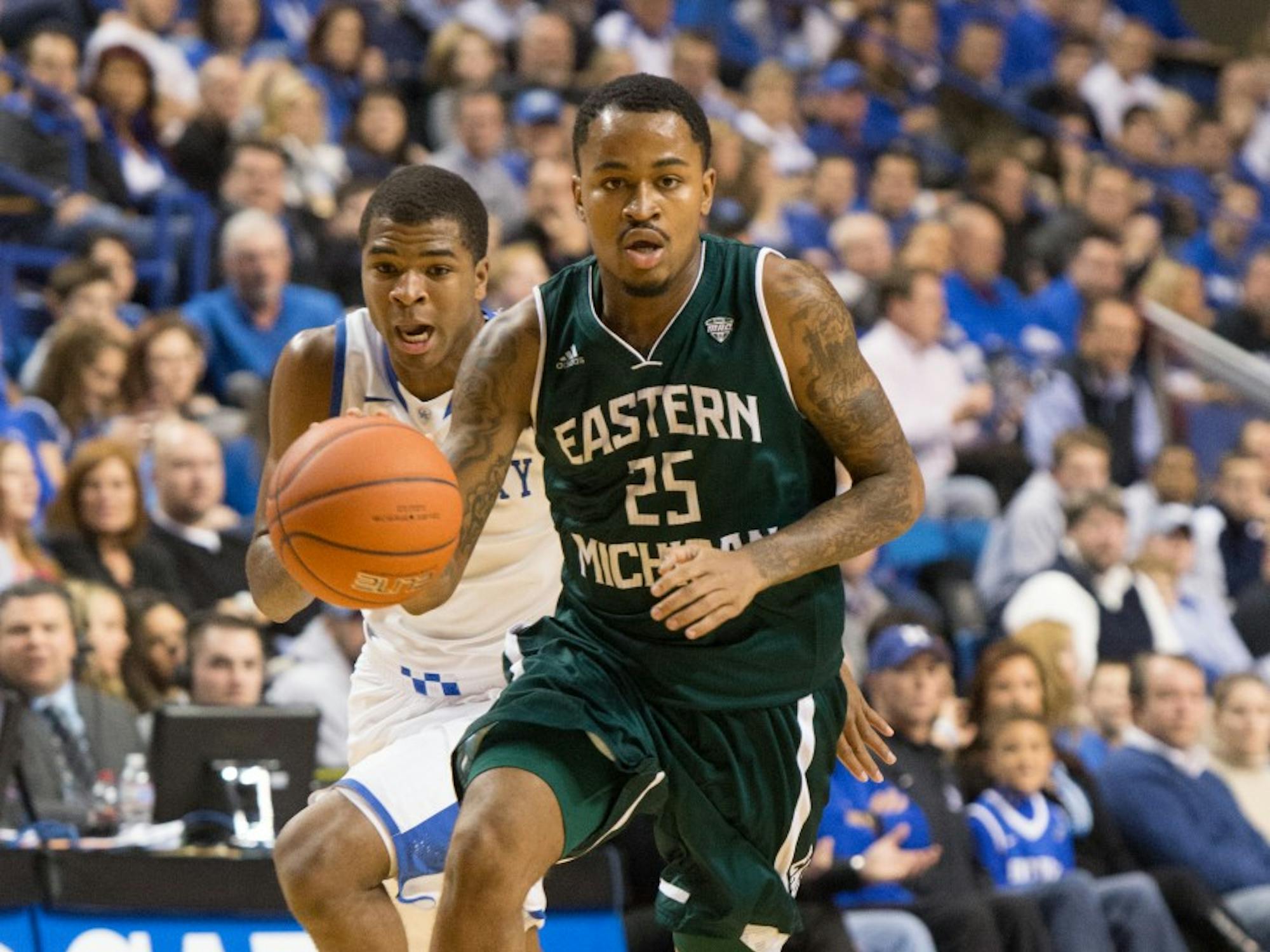EMU guard Darell Combs (25) led the way with a career high 23 points in Eastern Michigan's 81-63 loss to Kentucky Wednesday afternoon in Lexington, Kentucky.