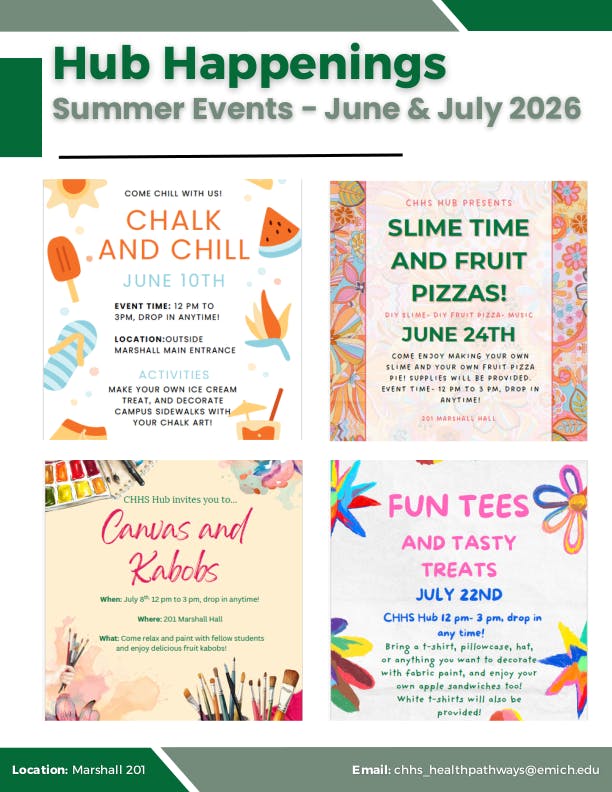 Four posters of events hosted by the College of Health and Human Services.