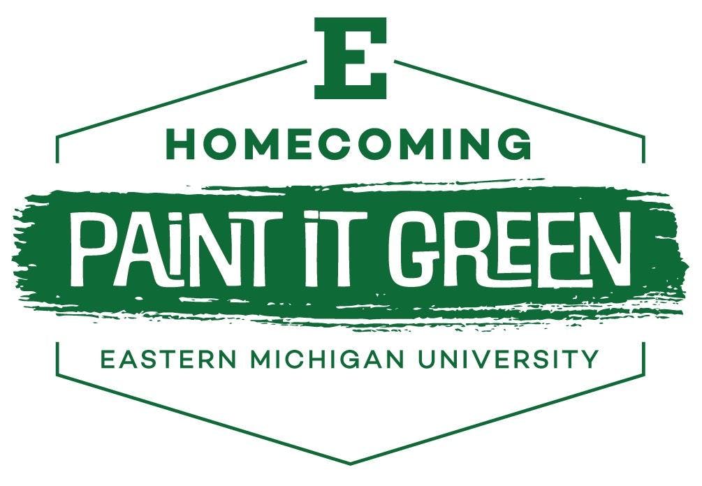 EMU homecoming logo with green text on a white background. The text reads, "E Homecoming, Paint it Green, Eastern Michigan University."