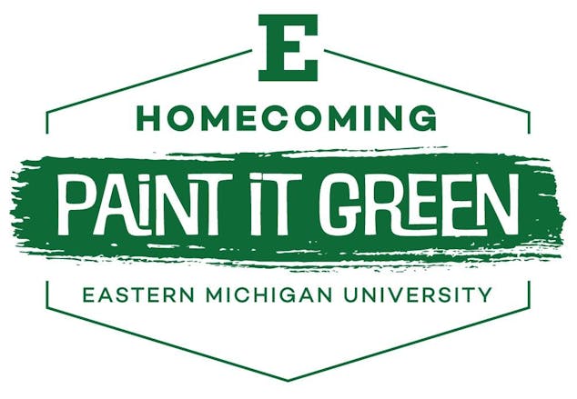 EMU homecoming logo with green text on a white background. The text reads, "E Homecoming, Paint it Green, Eastern Michigan University."