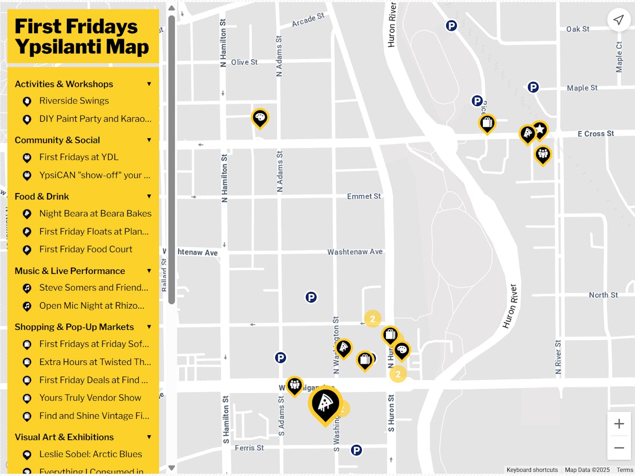 A screenshot of an interactive map of the First Fridays Ypsilanti, with a list of events listed on the left side and a map on the right side.