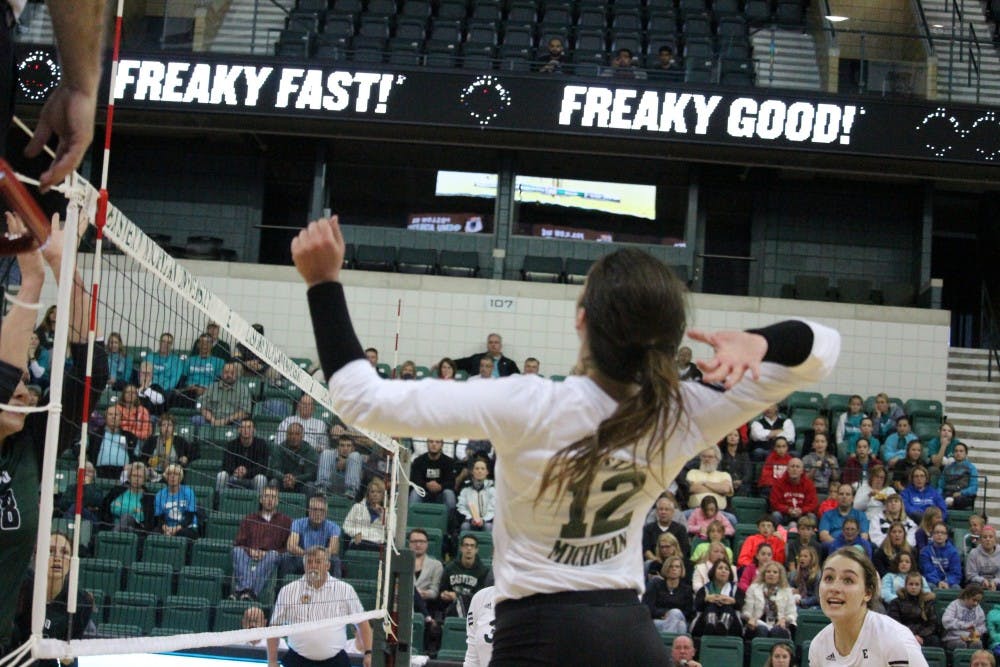 Senior Stacey Perinar in action against Ohio University on Saturday, Oct. 3. 