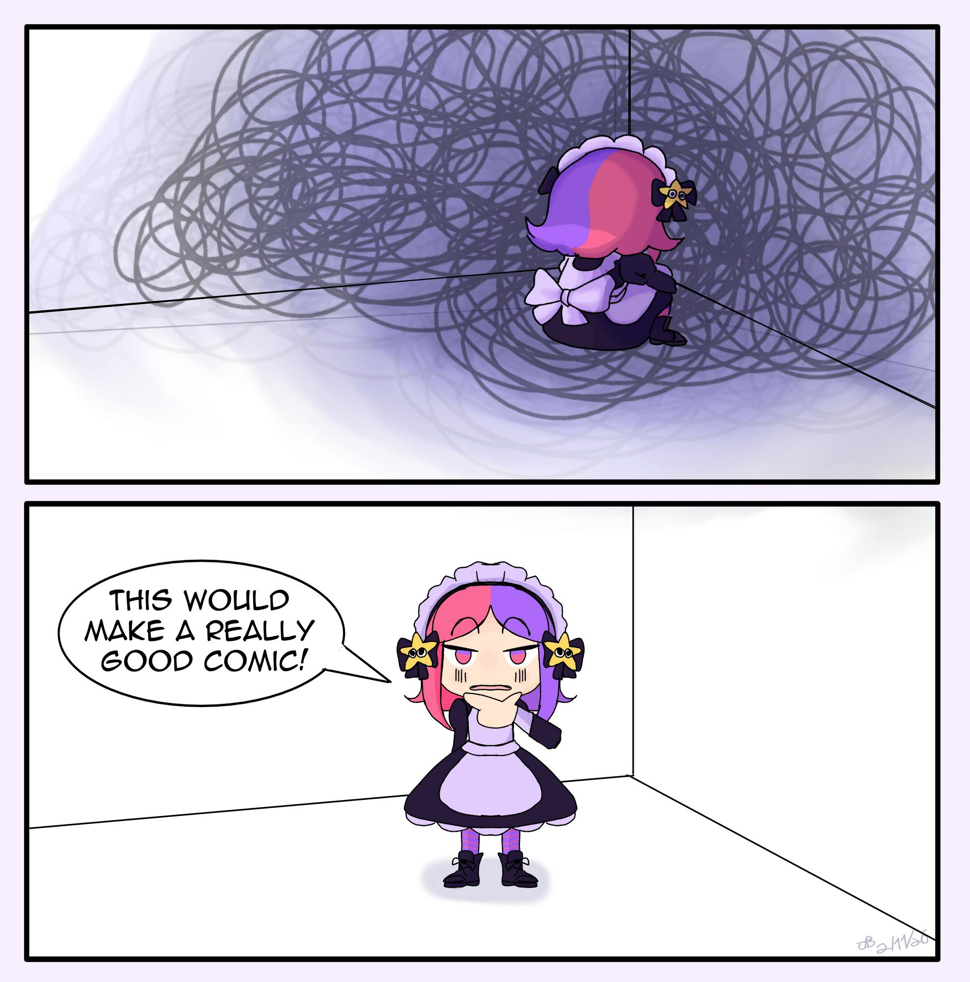 Colorful girl artist sits in a dark corner in one panel, then is seen in the next panel bright-eyed and inspired.