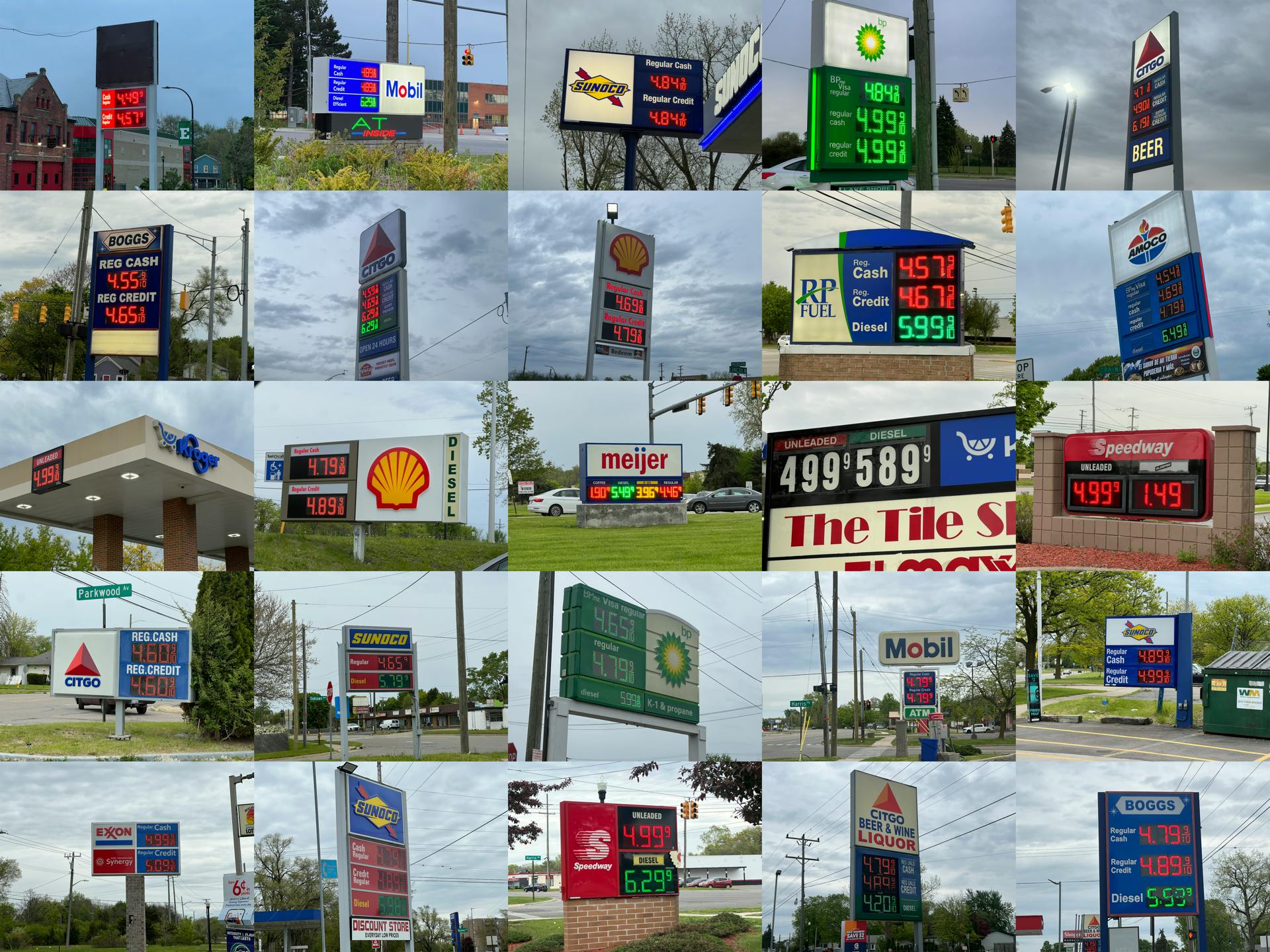 A grid of photos showing 25 of the gas station price signs documented by The Eastern Echo. 