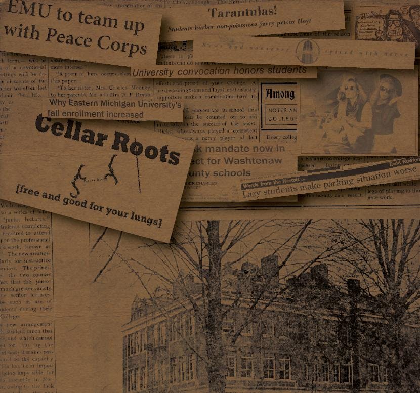 Vintage scanned newspaper clippings overlap each other to form a collage with a brown background.