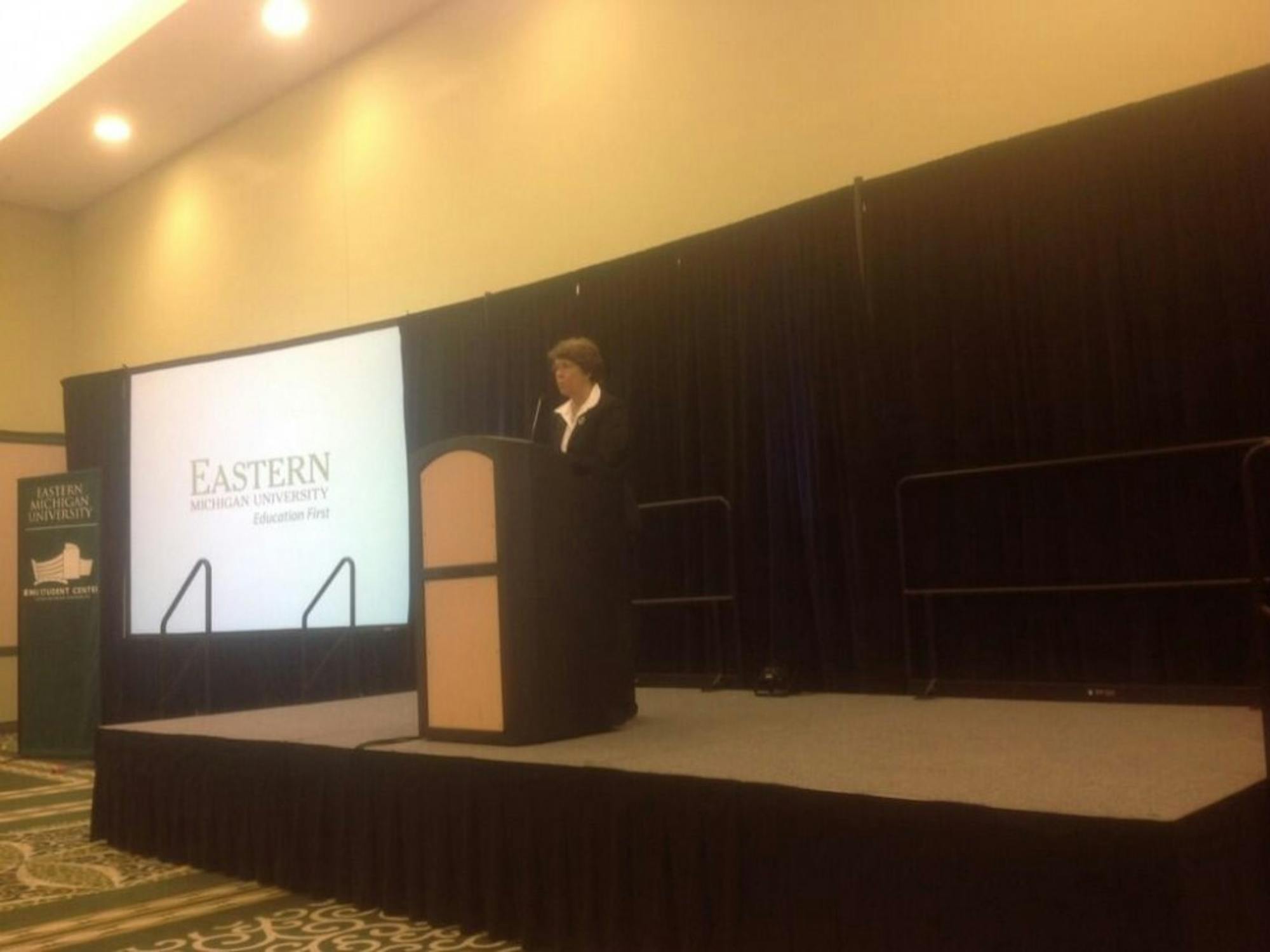 	EMU President Susan Martin speaks at a campus safety forum on Tuesday, Oct. 20, 2013