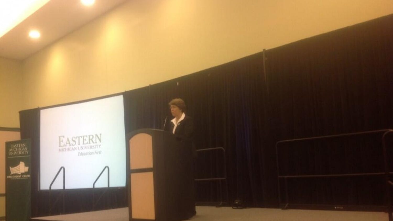 EMU President Susan Martin speaks at a campus safety forum on Tuesday, Oct. 20, 2013