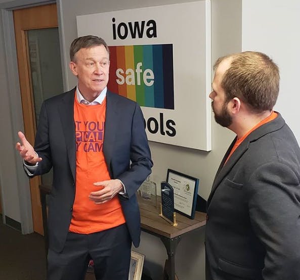 John Hickenlooper campaign stop in Des Moines, Iowa