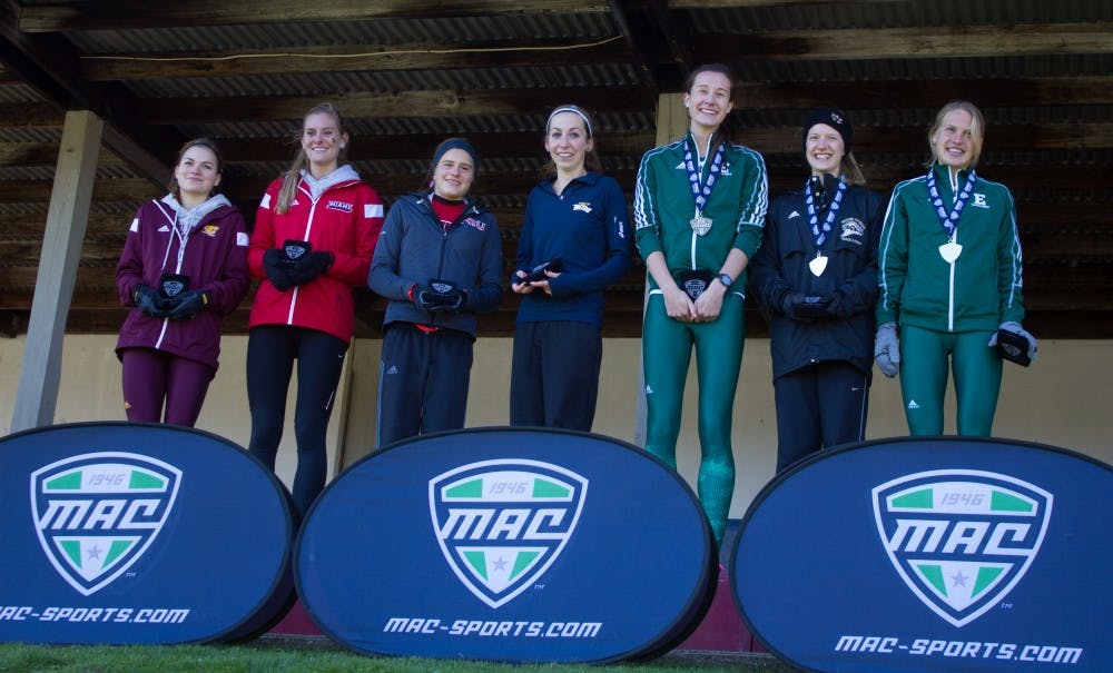Sofie Gallein and Victoria Voronko are awarded All-MAC team honors during the MAC Championship meet at Central Michigan University in Mount Pleasant on Saturday, November 1st, 2014.