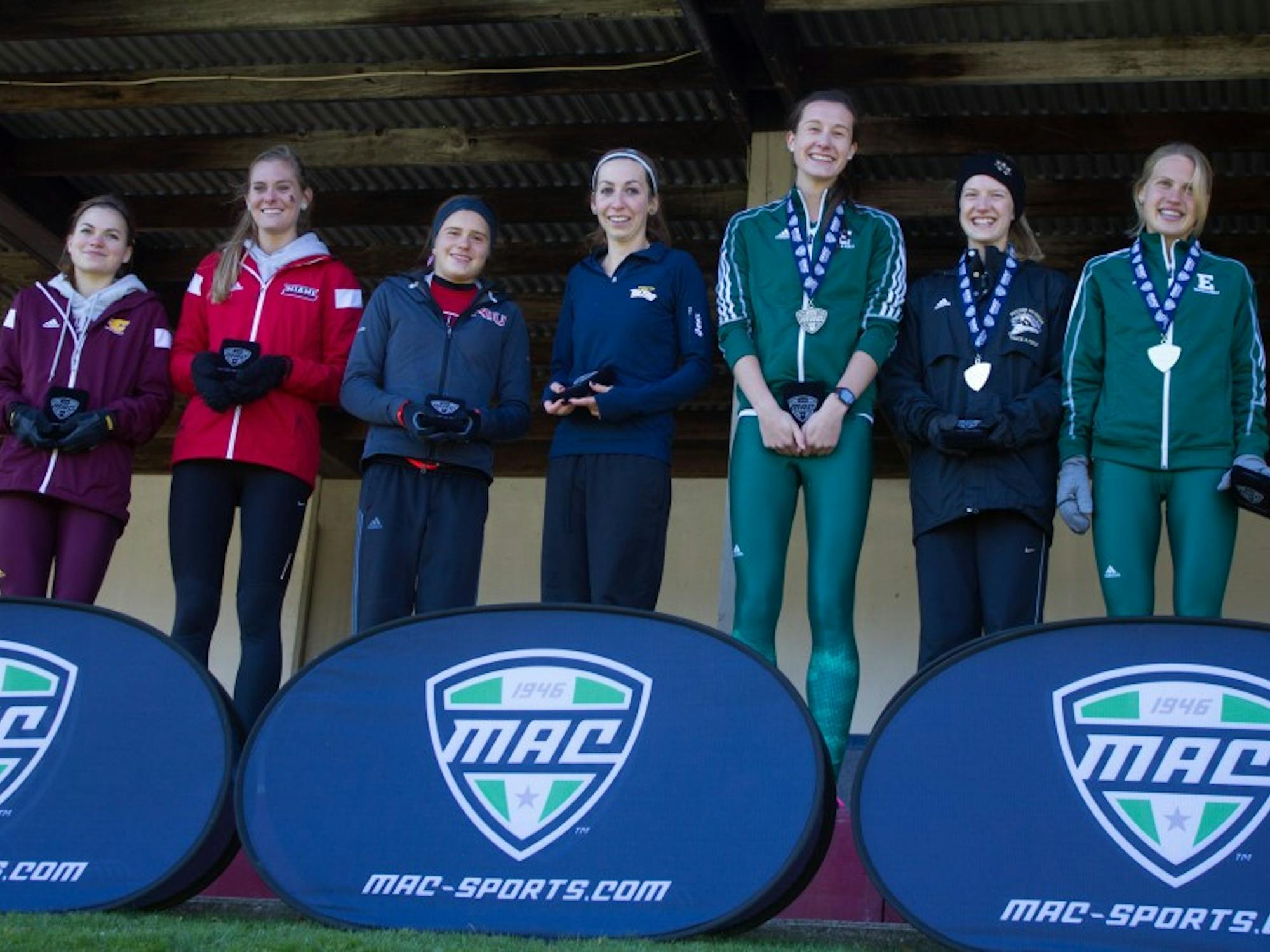 Sofie Gallein and Victoria Voronko are awarded All-MAC team honors during the MAC 
Championship meet at Central Michigan University in Mount Pleasant on Saturday, November 1st, 2014.