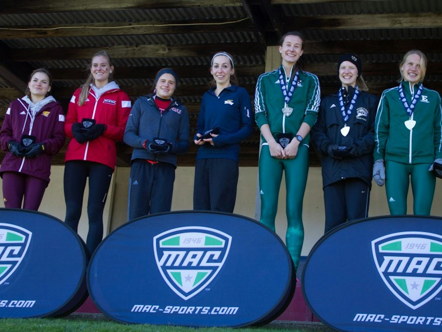 Sofie Gallein and Victoria Voronko are awarded All-MAC team honors during the MAC
Championship meet at Central Michigan University in Mount Pleasant on Saturday, November 1st, 2014.
