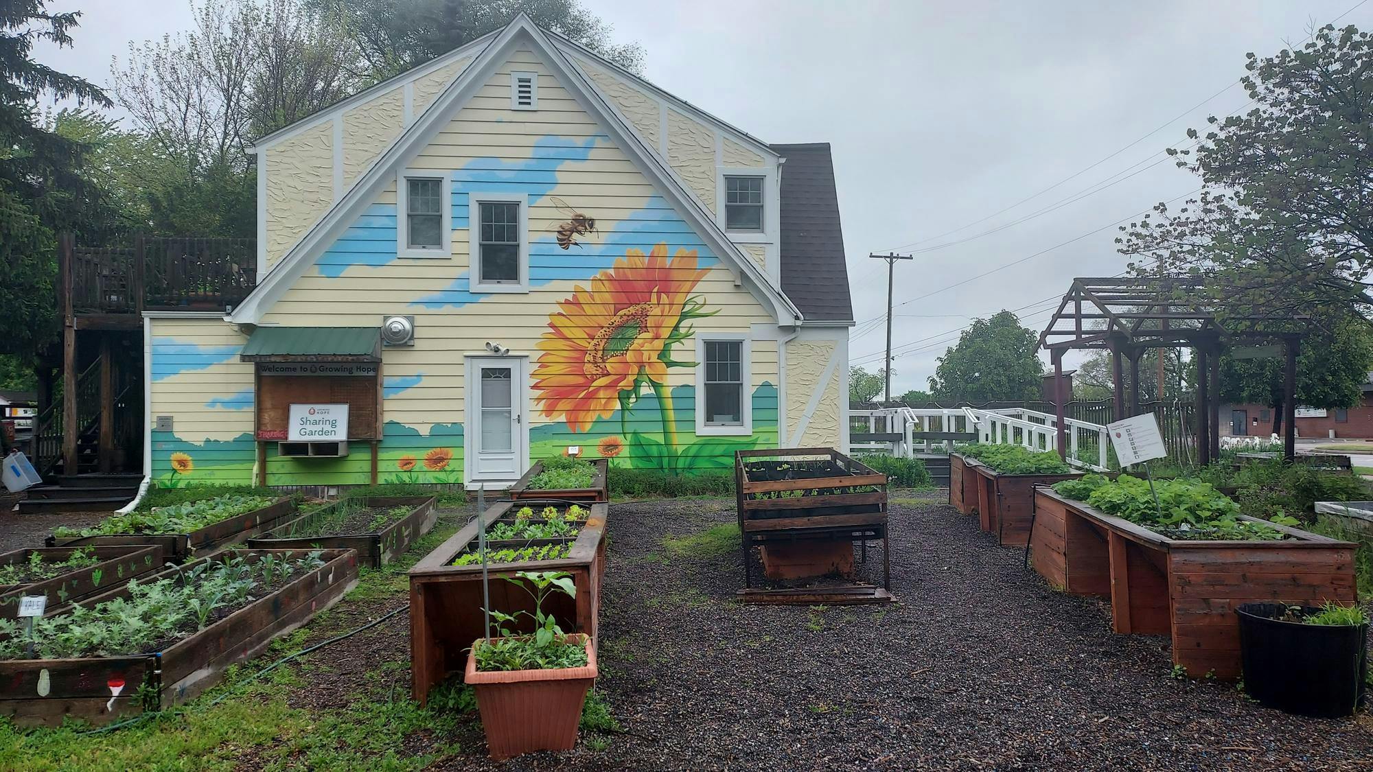 Several raised garden beds are lined up in front of the two-story farmhouse on Michigan Avenue that serves as local nonprofit Growing Hope's headquarters.