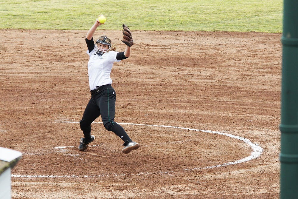 EMU’s Jenna Ignowski almost pitched another no-hitter after a hitless first game. EMU defeated Toldeo 7-0 and 13-1 during Saturday’s games.