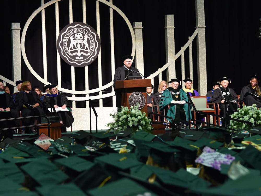 Eastern Michigan University graduates gather for Spring Commencement ceremonies on Saturday, April 27, 2024, at the George Gervin GameAbove Center.