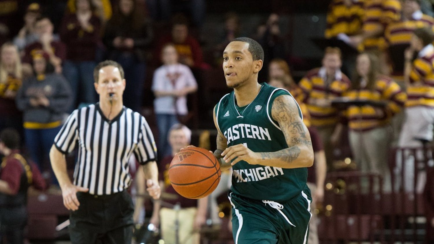 EMU guard Mike Talley (1) tied a career high with 21 points in Eastern Michigan's 72-59 win over Central Michigan in Mount Pleasant Saturday night.