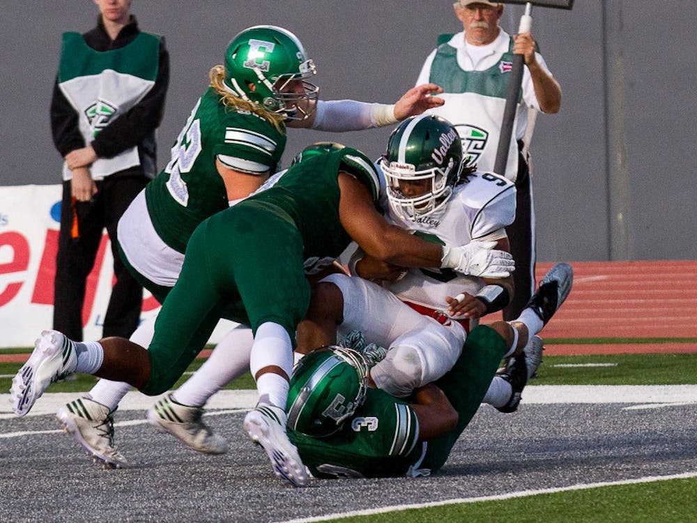Mississippi Valley State quarterback Thurston Rubin Jr. gets sacked by three Eastern Michigan defenders on Sept. 2. 