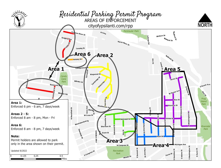A color-coded map of where city residential parking passes can be used.
