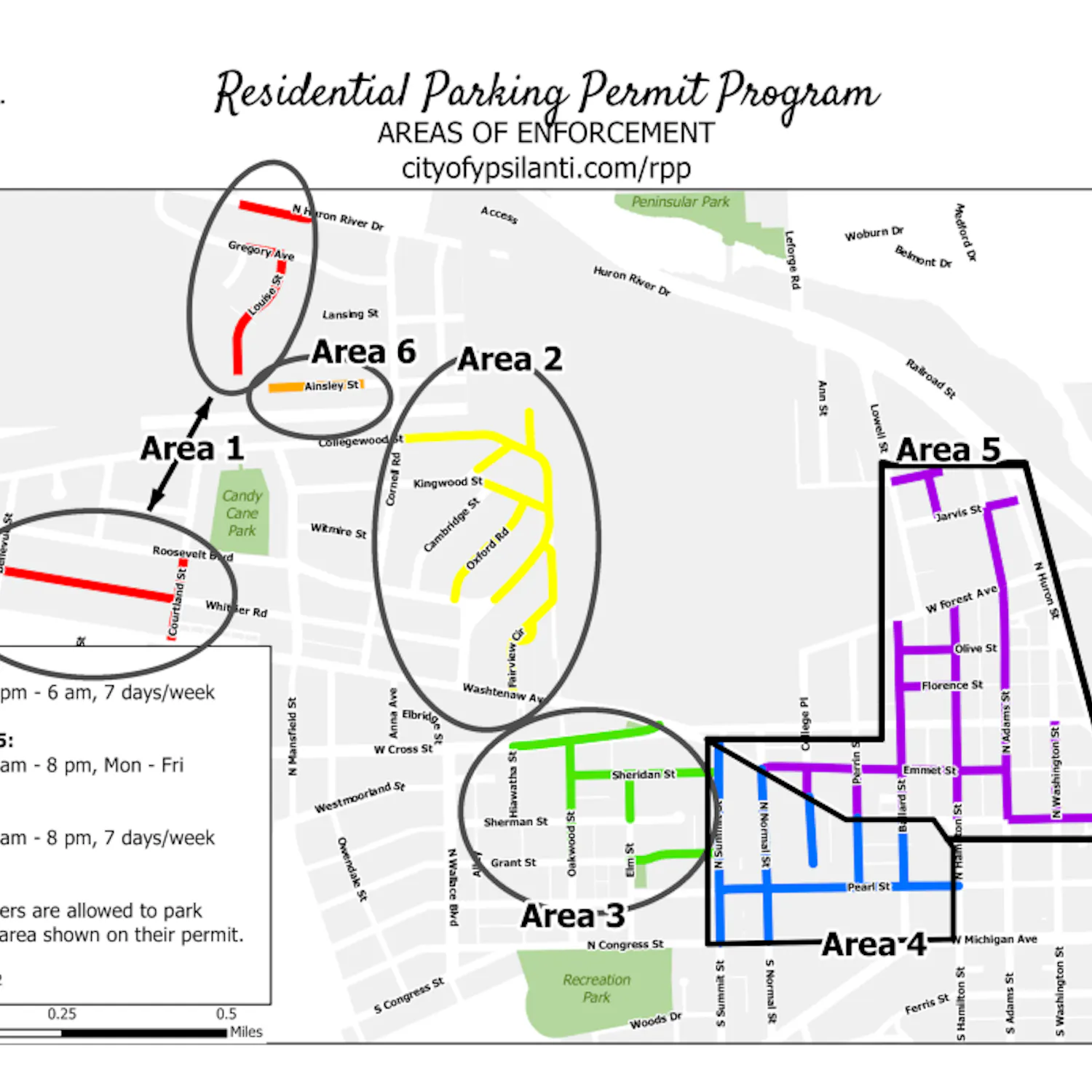 A color-coded map of where city residential parking passes can be used.