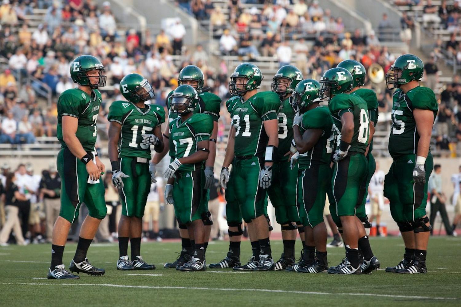 	Andy Schmitt (far left) and team at the beginning of the second quarter during Saturday&#8217;s home game against Army.