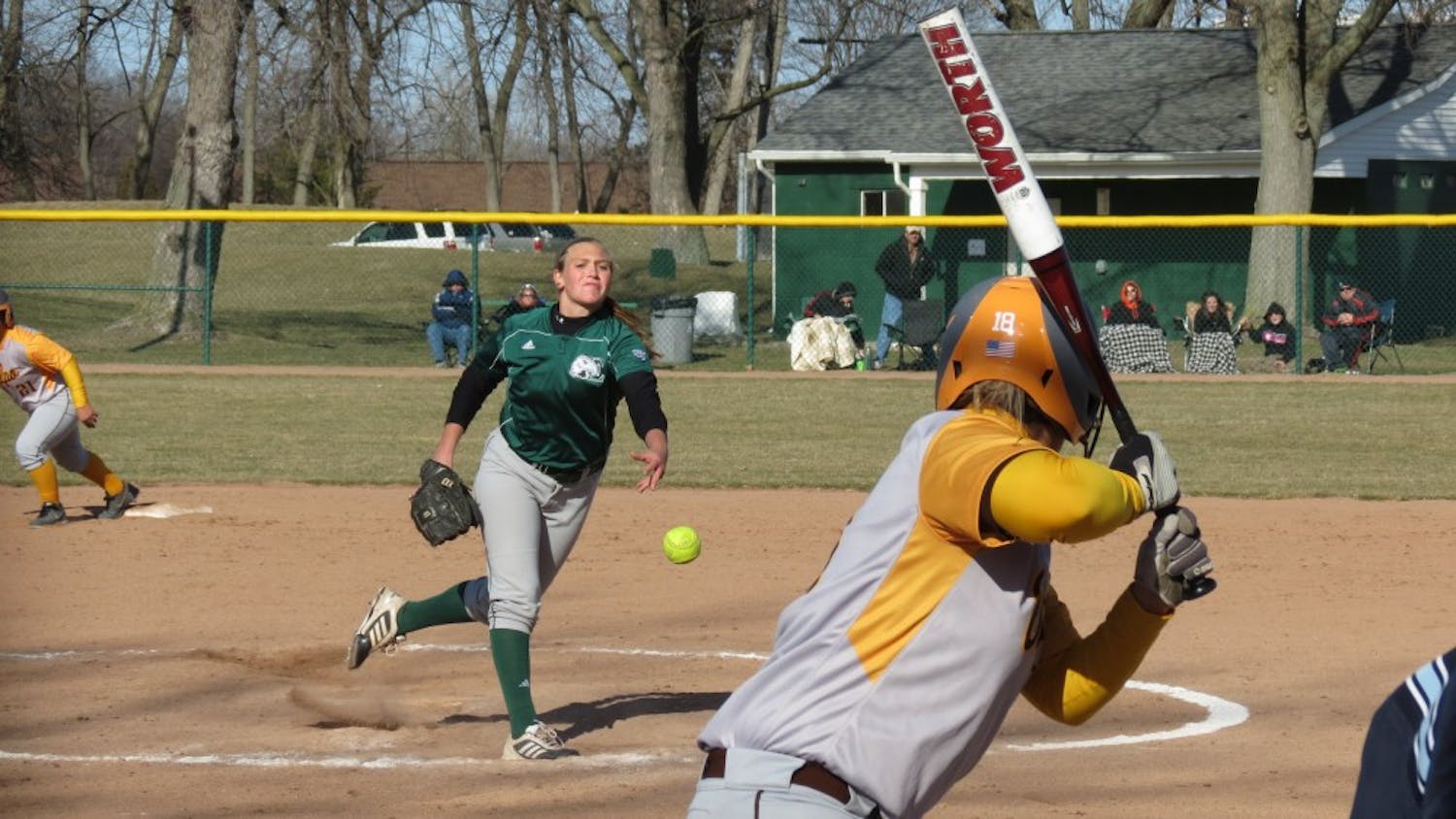 	The EMU softball team beat the Youngstown State University Penguins 5-3 in game one of a doubleheader Tuesday afternoon. The women tied the game in the bottom of the third, but a three-run double in the next inning and another run in the fifth brought the Eagles ahead.