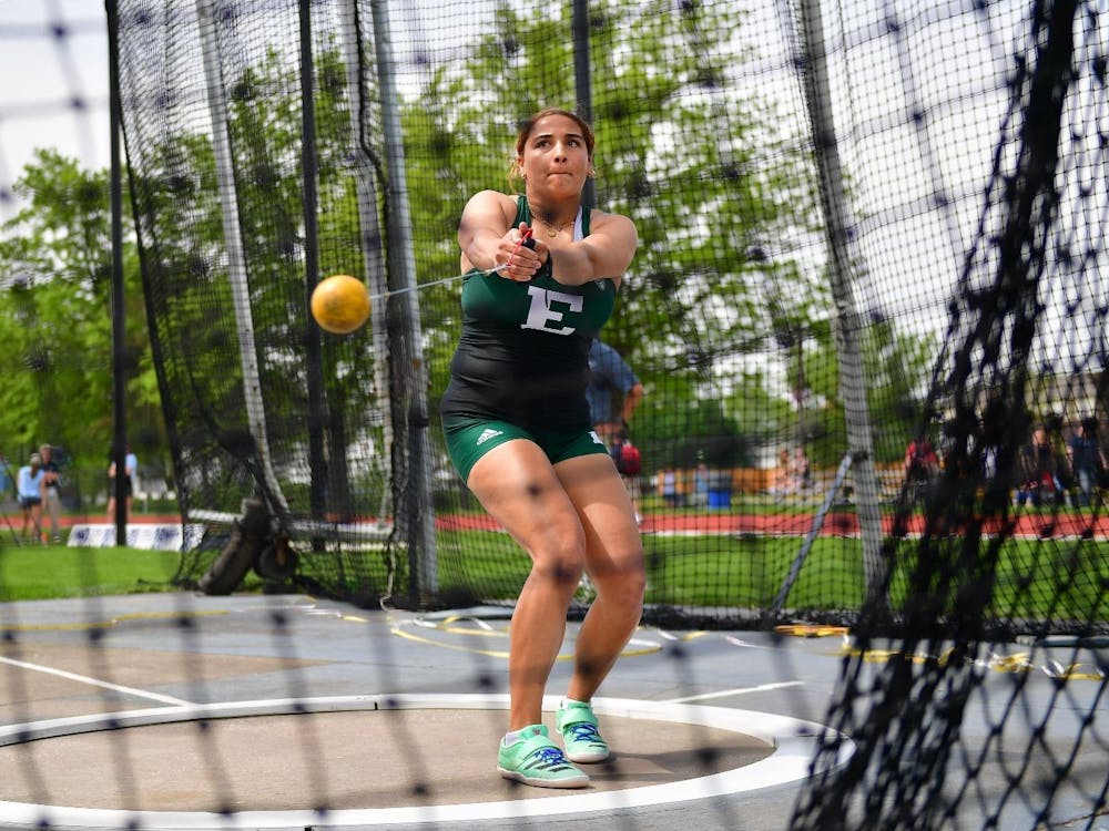 Eastern Michigan University track and field's Miranda Cadwell releasing a toss for the Eagles. 