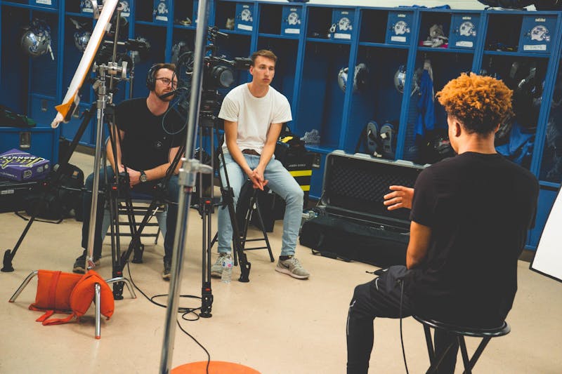 Taylor alumnus (‘20) Chad Veal and his team work hard to produce a short for Crystal Pillars, an awards event hosted by the National Association of Television Arts and Sciences. (Photo provided by Chad Veal)