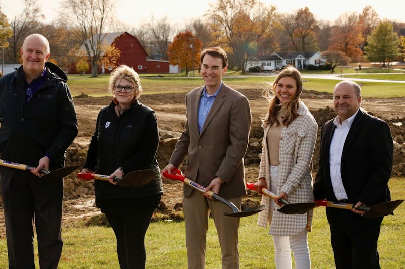 Ron Sutherland, supervisor of the project (left), Julia Hurlow director of residence life, President Michael Lindsay, Elisabeth Nieshalla, student body president, broke ground for the new residential village at the groundbreaking ceremony on Nov. 9.