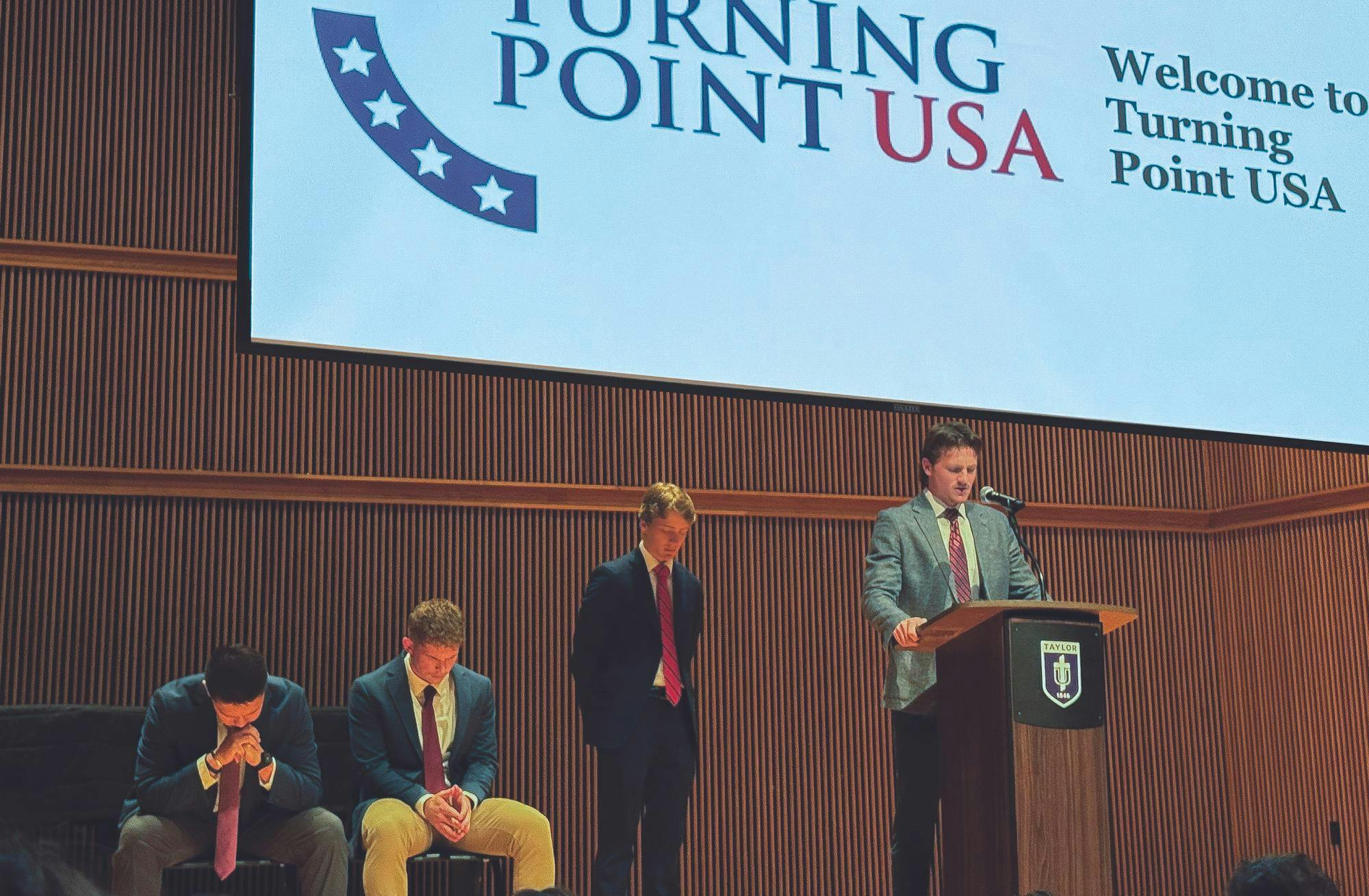 (From left to right) Lucas Moseley, John Crouch, Andrew Roth and Collin Hunt lead meeting and explain club’s mission.