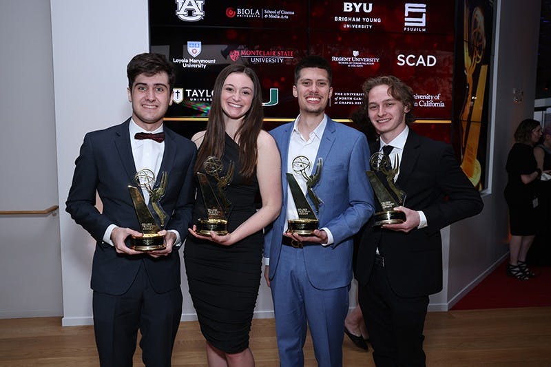 Ethan Ochs, from left, Anna Rodman, Gabriel Burch, and Luke Zobel pose with their awards at the 42nd College Television Awards presented by the Television Academy Foundation at the Saban Media Center on Saturday, April 1, 2023, in North Hollywood, CA. (Photo by Mark Von Holden/Invision for The Television Academy/AP Images)