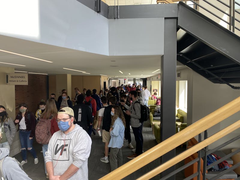 Students stood in long lines in the Student Center to get their COVID relief checks. 
